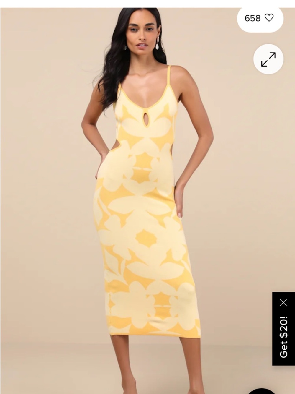 Lulus Perfectly Charming Yellow Abstract Cutout Midi Sweater Dress